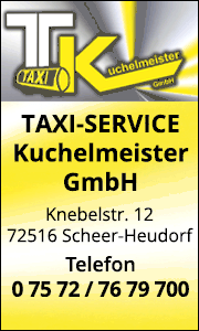 Banner von Taxi-Service Kuchelmeister in Scheer mit Kontaktdaten und Informationen zu Krankenfahrten, Taxifahrten und zuverlässigem Fahrservice.