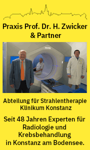 Banner der Praxis Prof. Dr. med. H. Zwicker & Partner in Konstanz mit Kontaktdaten und Informationen zur Strahlentherapie