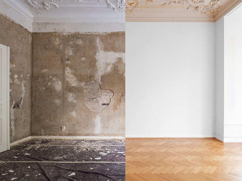 eine Wohnung renovieren - leeres Zimmer vor und nach Renovierung vom Stuckateur am Bodensee mit weißer Wand und Parkettboden